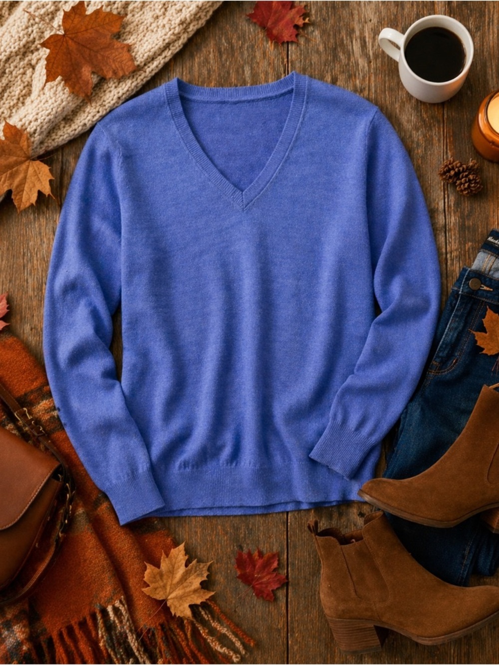 100% Wool Woolmark V-Neck Sweater | Lightweight Blue Knit Pullover